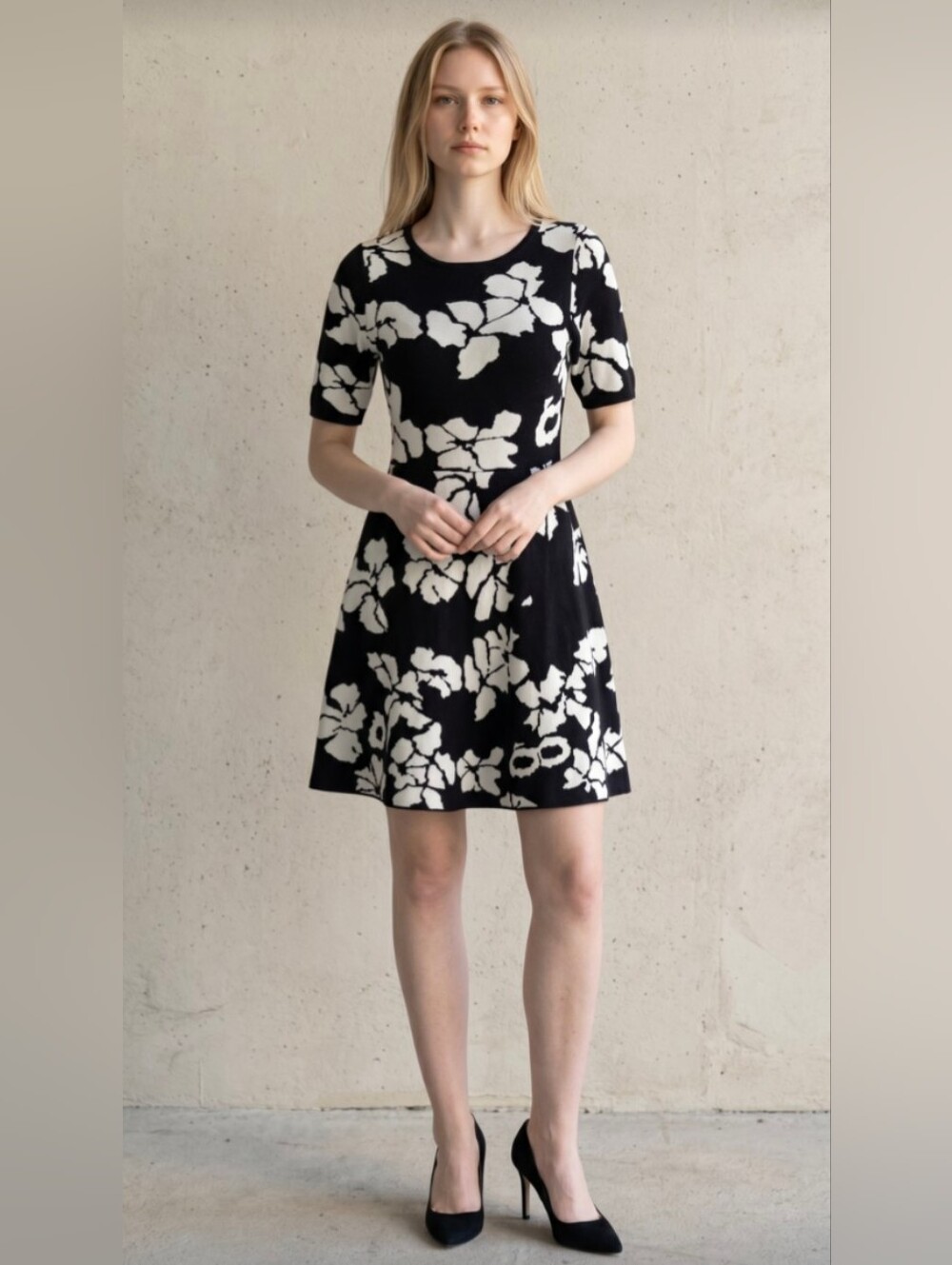 NWT! CATO COLLECTION! BLACK & WHITE ABSTRACT FLORAL KNIT SWEATER DRESS! SZ S